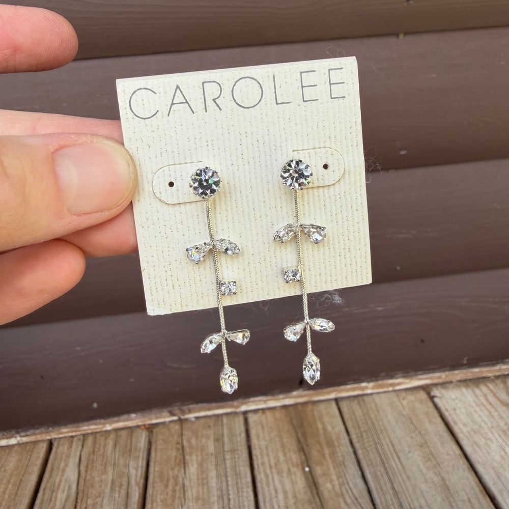 Carolee Crystal Drop Earrings Women Silver Tone Floral Leaf Dangle 2 Inch